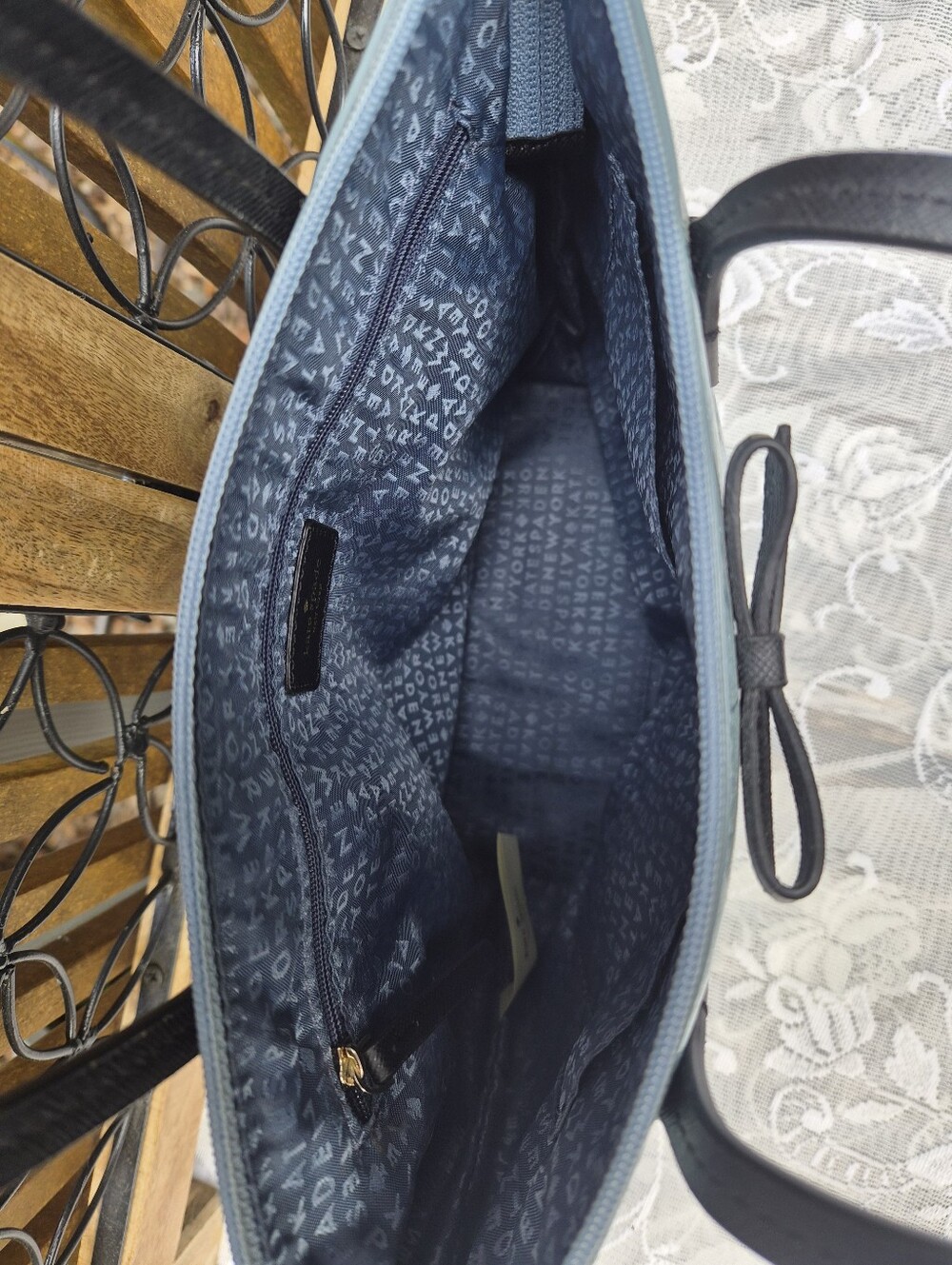 kate spade teal glitter tote with black handles - Picture 3 of 6